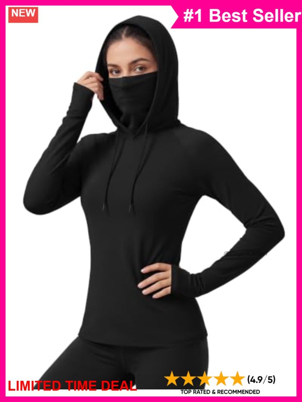 Women's Fleece Lined Hoodie Running Shirt Thumb Holes Neck Gaiter